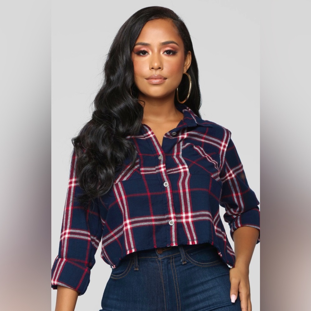 Fashion Nova Navy Blue Plaid Flannel Crop Top NWT